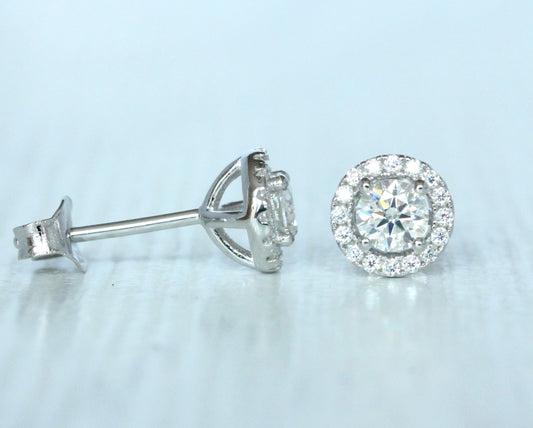 Genuine Moissanite Halo stud earrings in Sterling silver