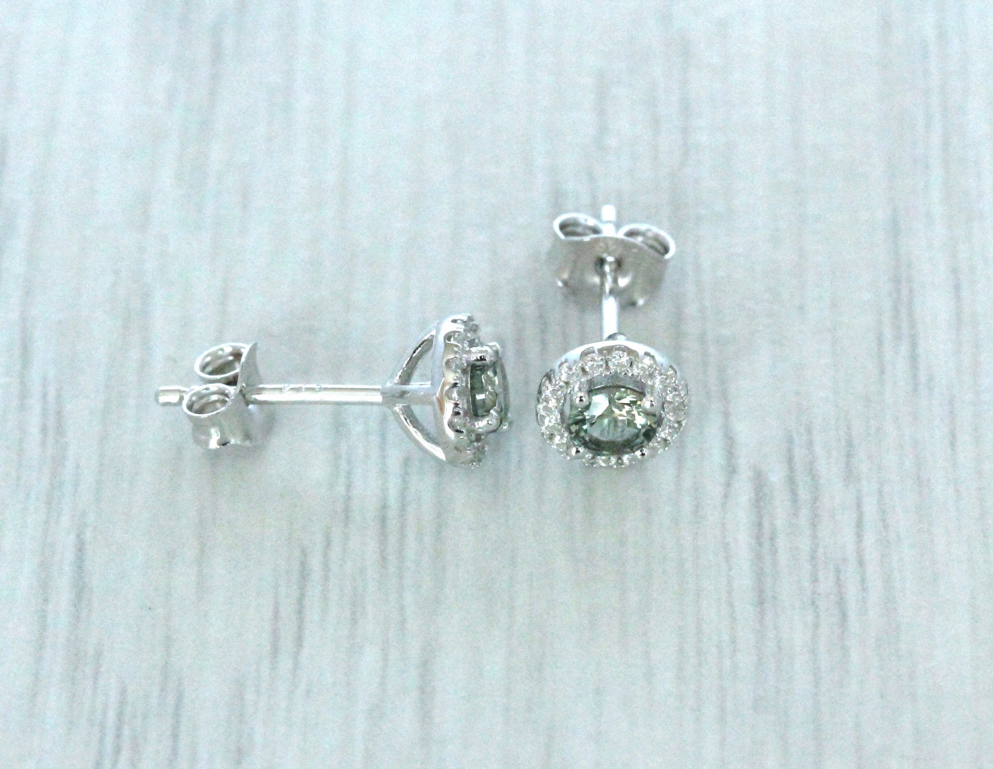 Natural Green sapphire & Genuine Moissanite Halo stud earrings in Sterling silver