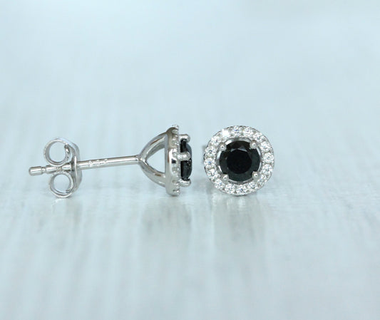 Onyx & Genuine Moissanite Halo stud earrings in Sterling silver