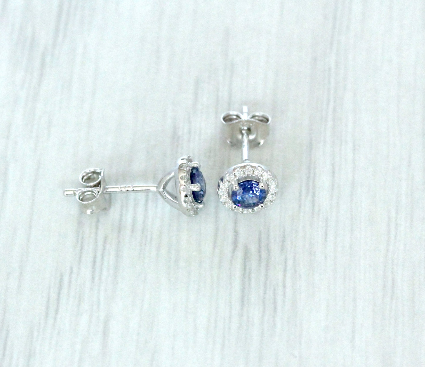 Lab Tanzanite & Genuine Moissanite Halo stud earrings in Sterling silver