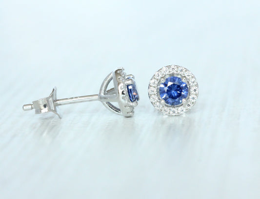 Lab Tanzanite & Genuine Moissanite Halo stud earrings in Sterling silver