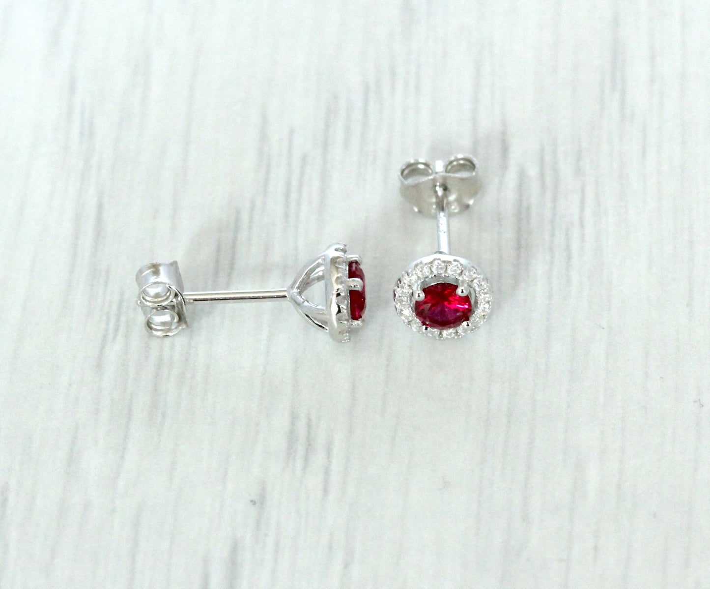 Lab Ruby & Genuine Moissanite Halo stud earrings in Sterling silver