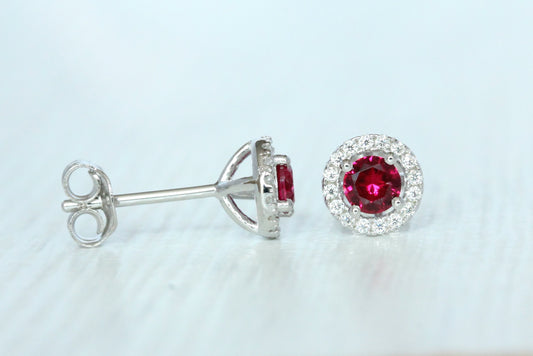 Lab Ruby & Genuine Moissanite Halo stud earrings in Sterling silver