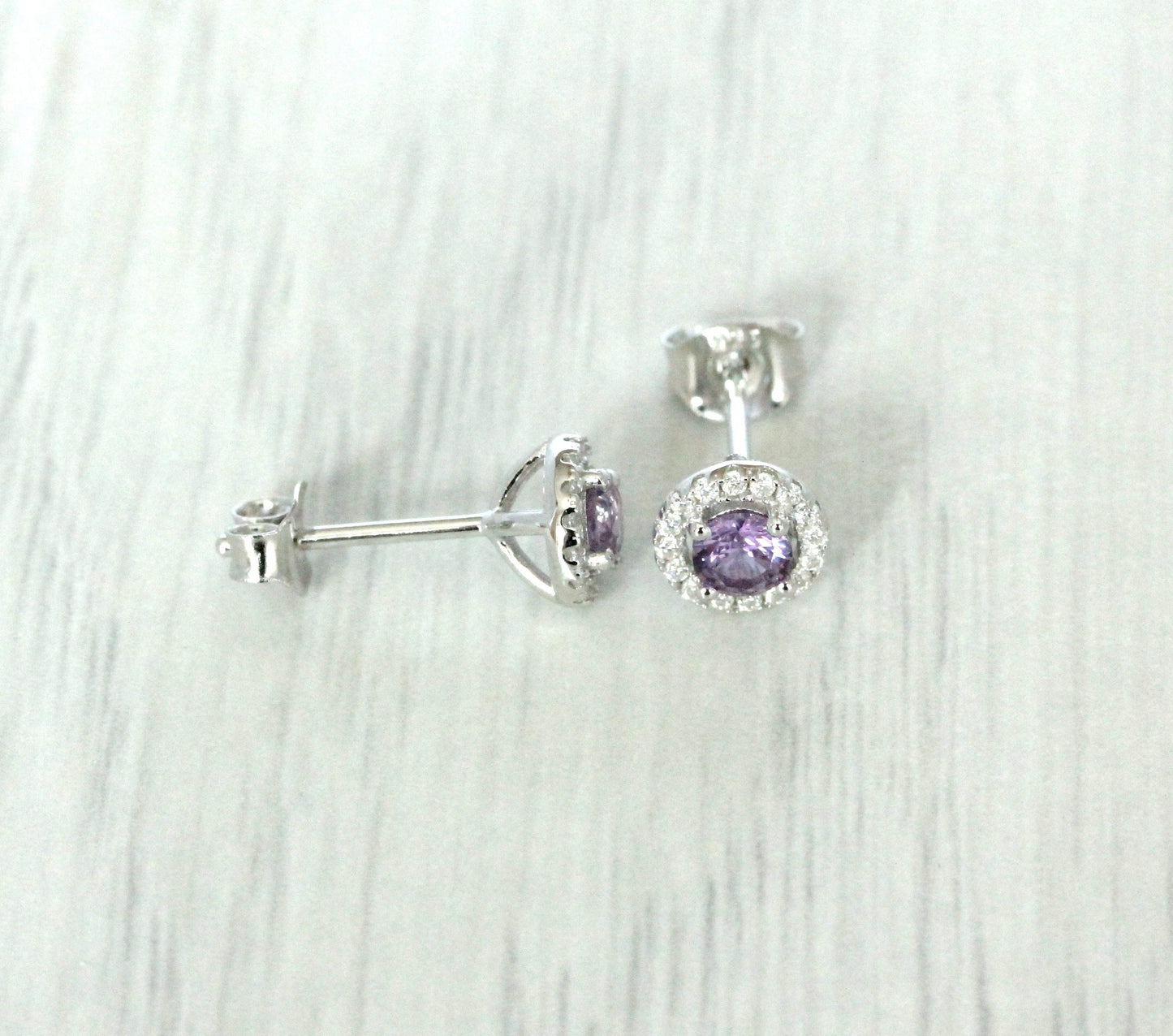 Alexandrite & Genuine Moissanite Halo stud earrings in Sterling silver