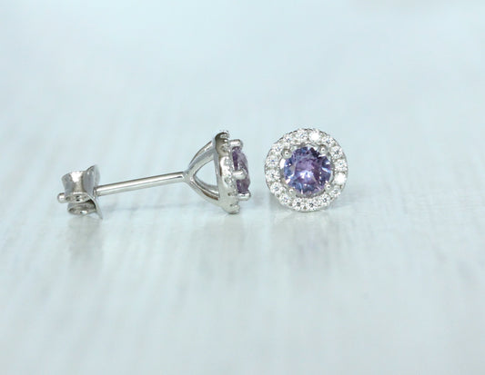 Alexandrite & Genuine Moissanite Halo stud earrings in Sterling silver