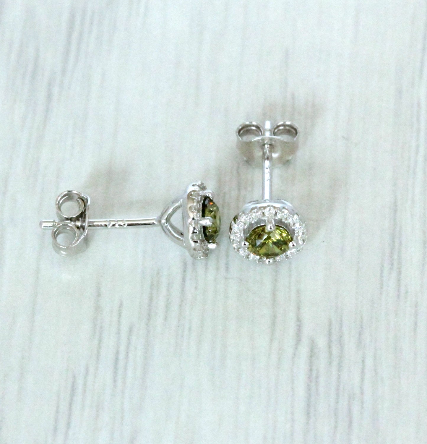 Natural Peridot & Genuine Moissanite Halo stud earrings in Sterling silver