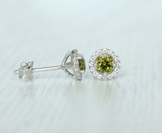 Natural Peridot & Genuine Moissanite Halo stud earrings in Sterling silver