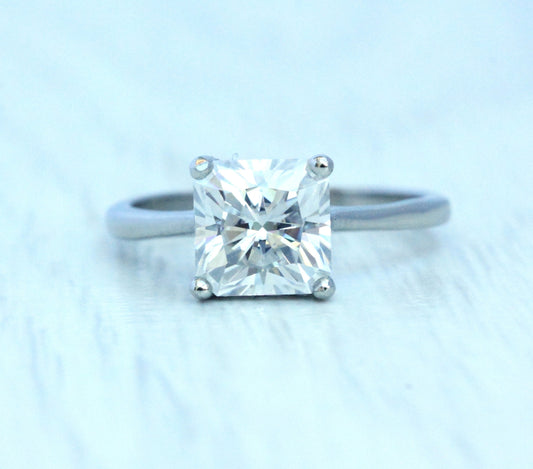 Square Radiant Cut Moissanite Solitaire cathedral ring in Titanium or White Gold