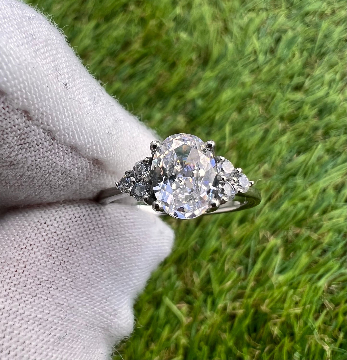 Crushed ICE CUT Genuine moissanite Oval Ice cut 3 stone engagement Ring in White Gold or Titanium - engagement ring - handmade ring