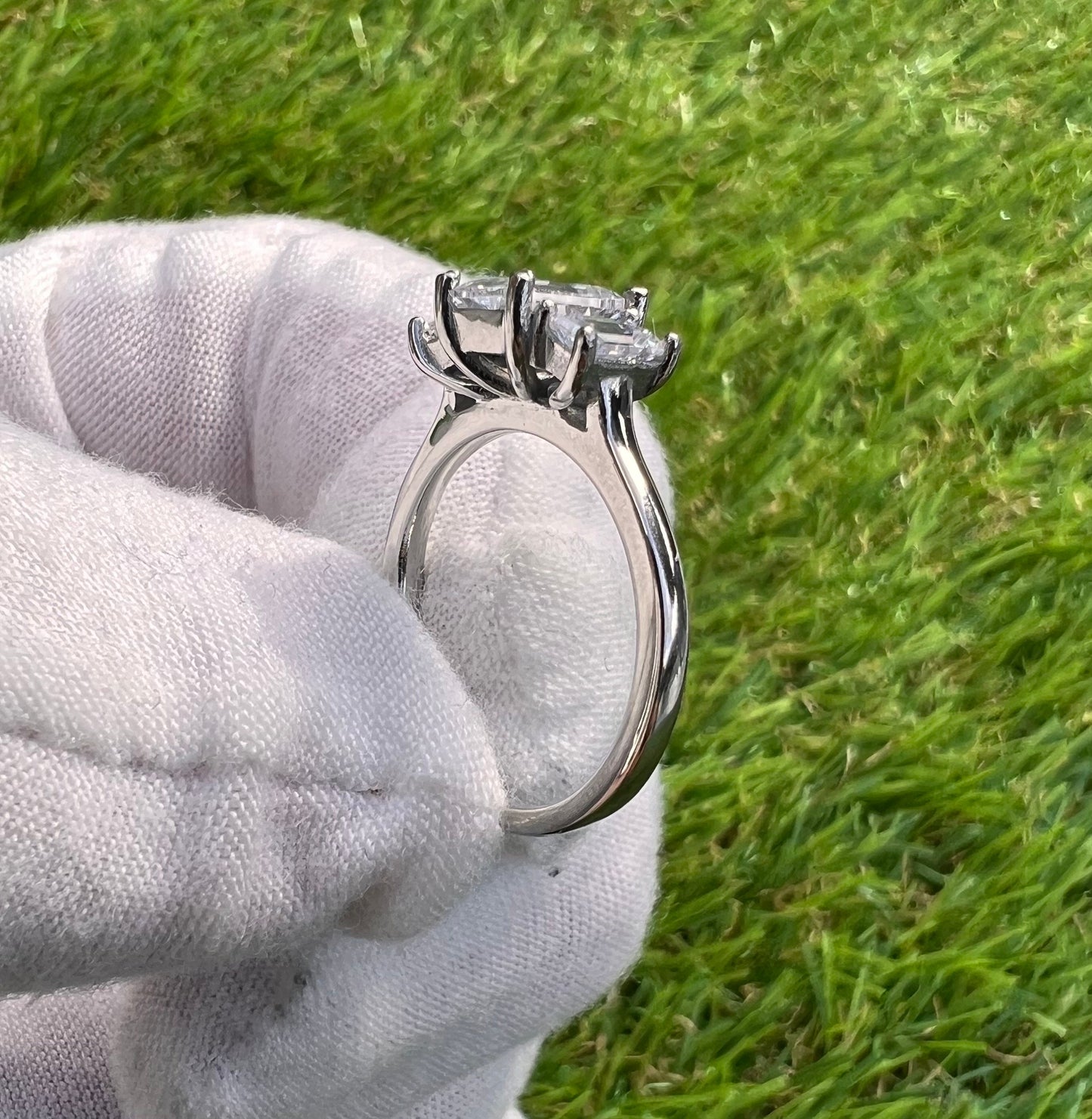 Emerald cut simulated diamond 3 stone Trilogy Ring in White Gold or Titanium - engagement ring - handmade ring