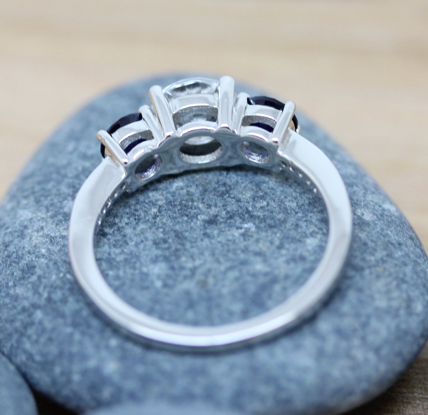Blue Sapphire and Man Made Diamond Simulant Trilogy 3 stone Ring - available in white gold or sterling silver - engagement ring