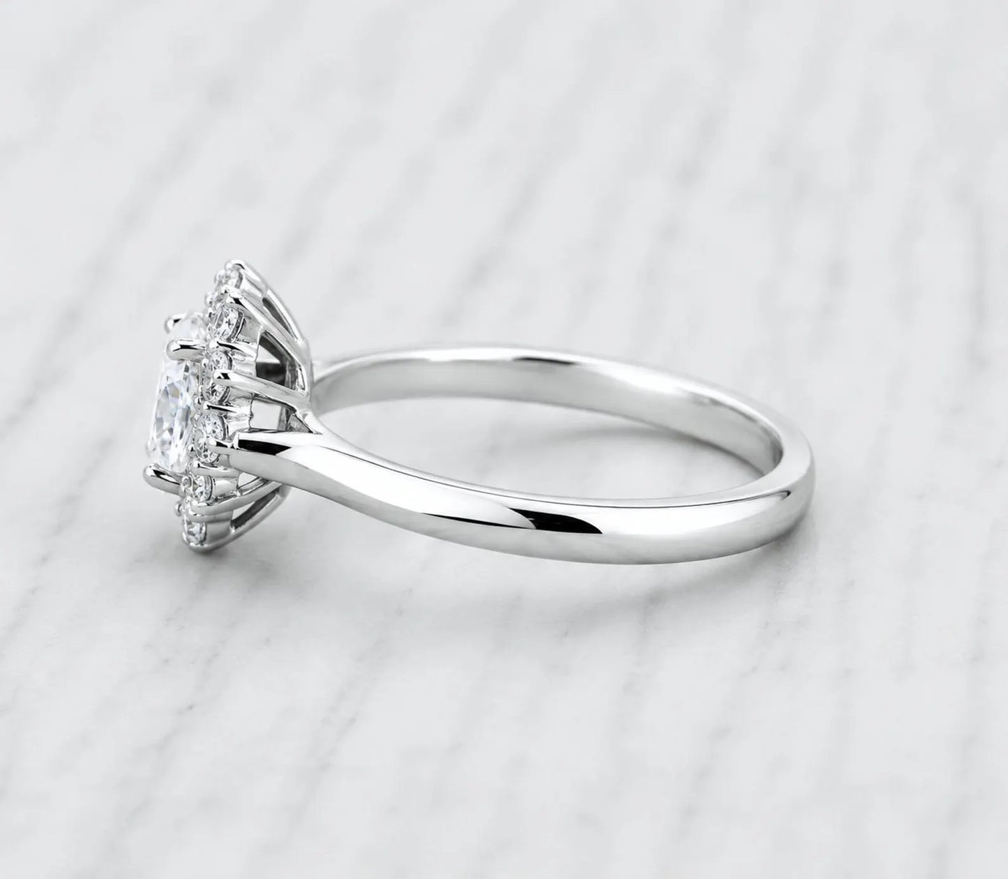 Oval cut, Halo Moissnaite engagement ring available in titanium or white gold filled