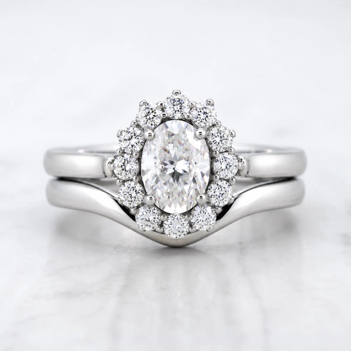 Oval cut, Halo Moissnaite engagement ring available in titanium or white gold filled
