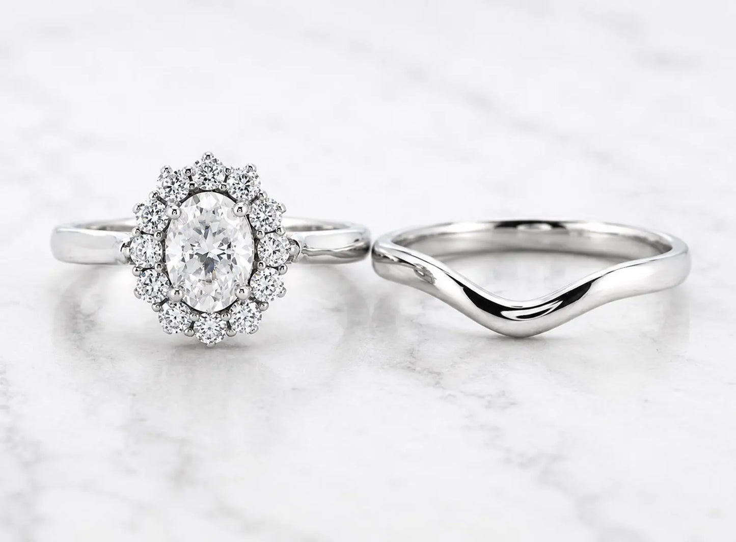 Oval cut, Halo Moissnaite engagement ring available in titanium or white gold filled