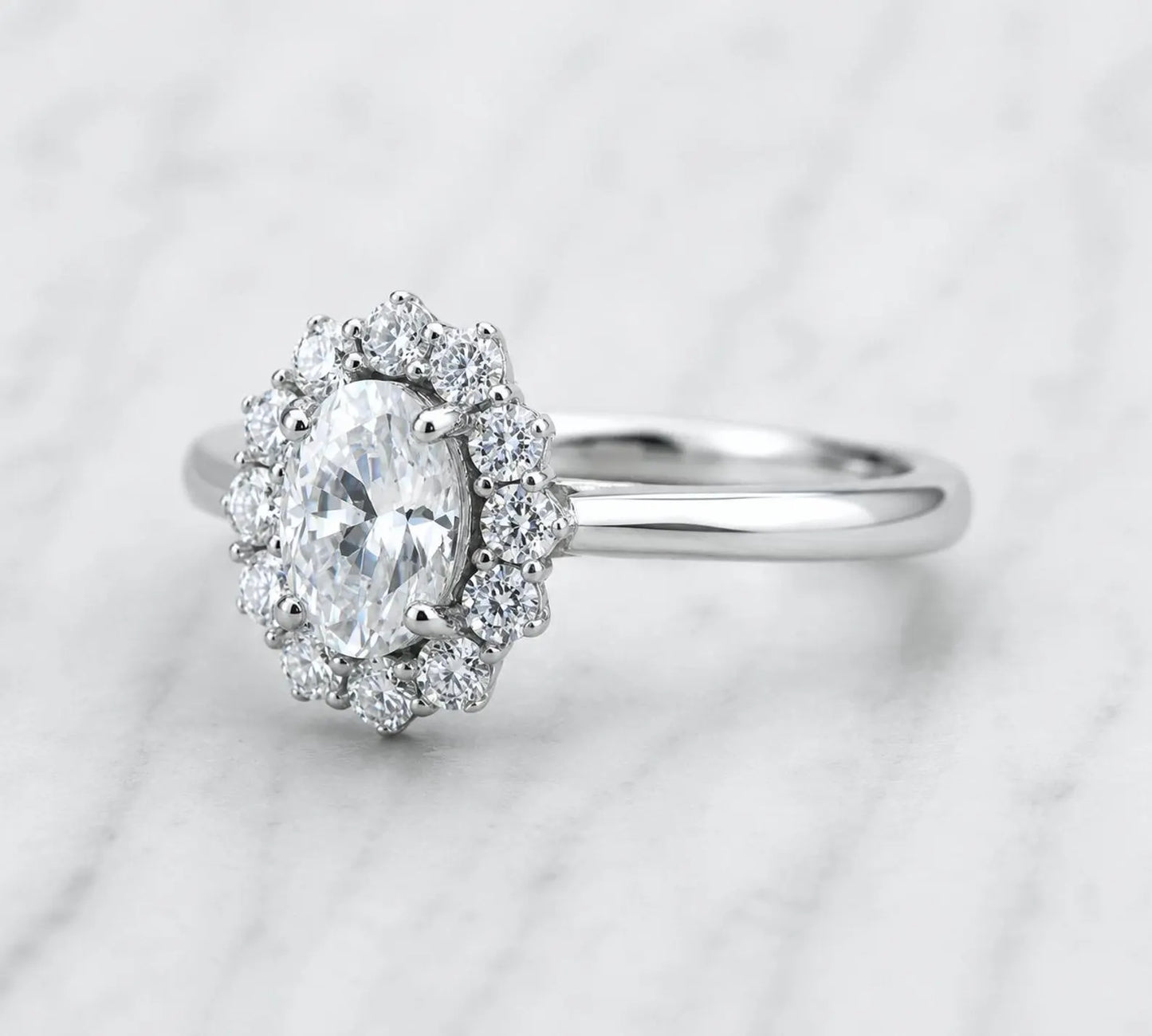 Oval cut, Halo Moissnaite engagement ring available in titanium or white gold filled