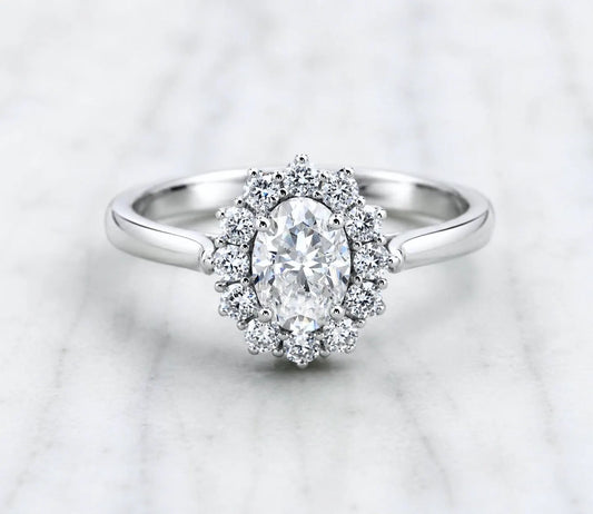 Oval cut, Halo Moissnaite engagement ring available in titanium or white gold filled