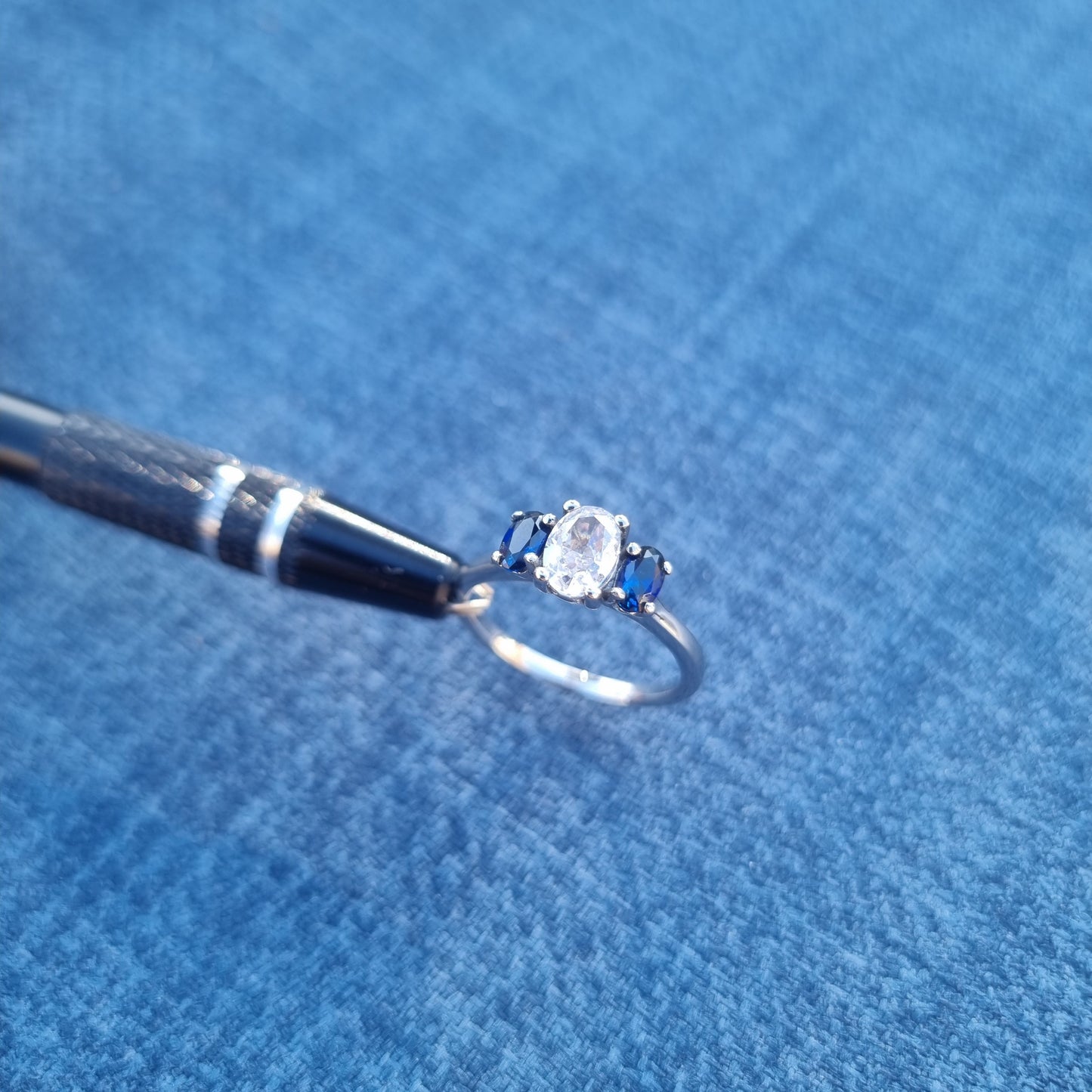 Natural Blue Sapphire & moissanite Oval Ice cut 3 stone Trilogy Ring in White Gold Filled or Titanium  - engagement ring - handmade ring