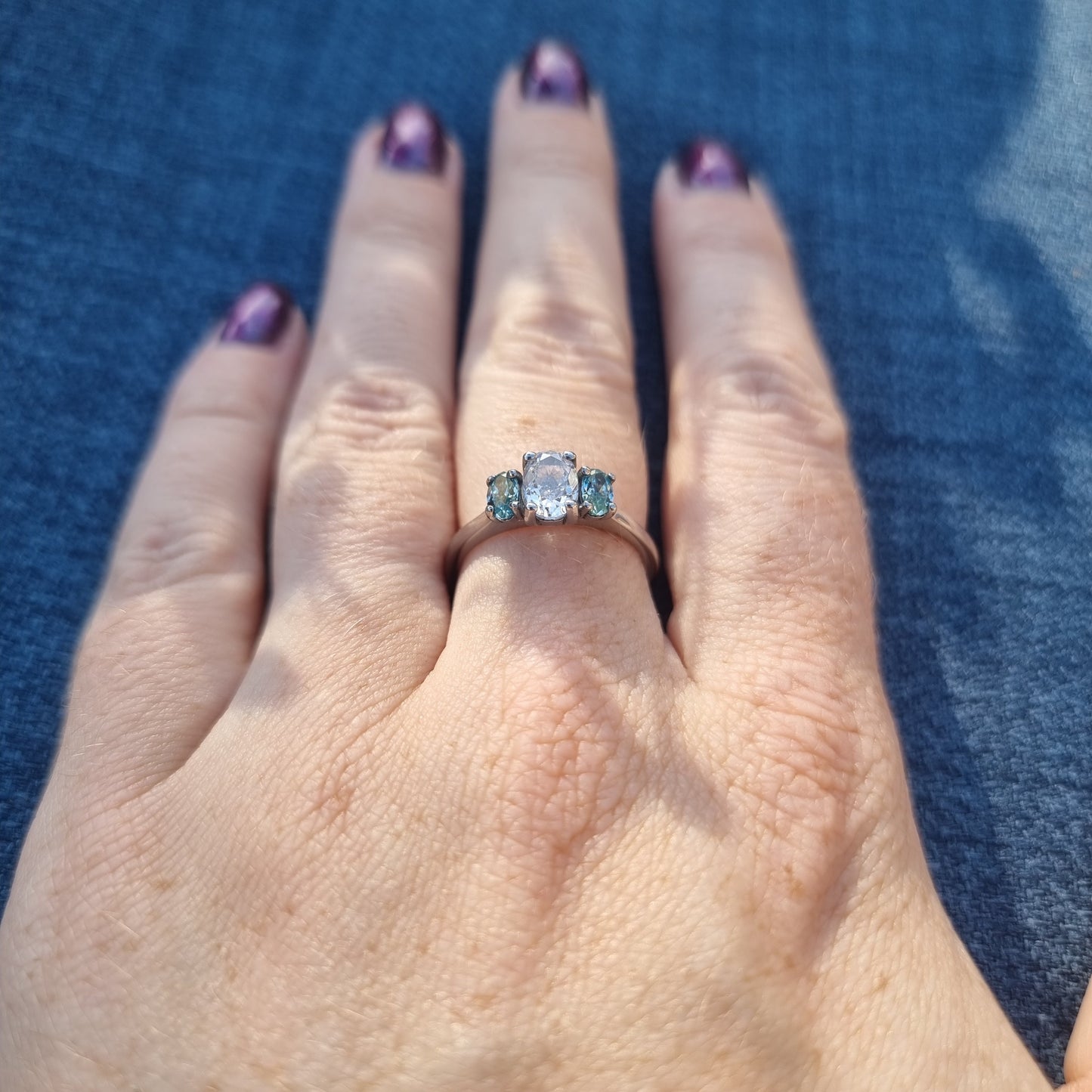 Teal & White moissanite Oval Ice cut 3 stone Trilogy Ring in White Gold Filled or Titanium  - engagement ring - handmade ring