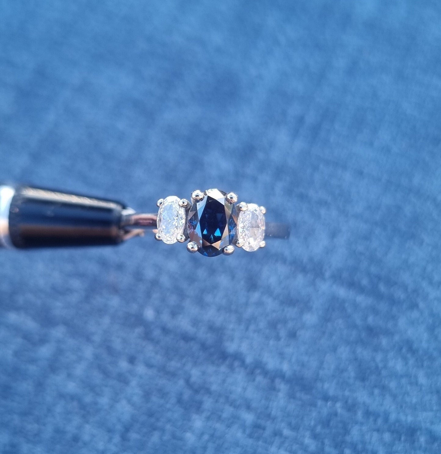 Royal Blue & White moissanite Oval Ice cut 3 stone Trilogy Ring in White Gold Filled or Titanium  - engagement ring - handmade ring