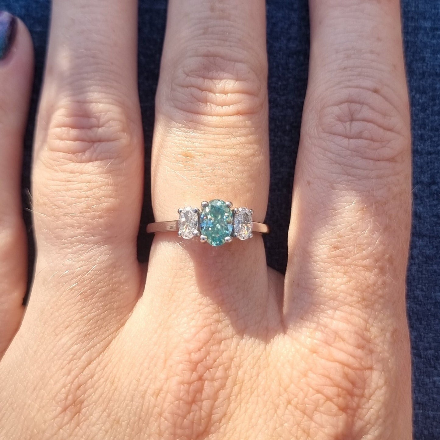 Teal & White moissanite Oval Ice cut 3 stone Trilogy Ring in White Gold Filled or Titanium  - engagement ring - handmade ring