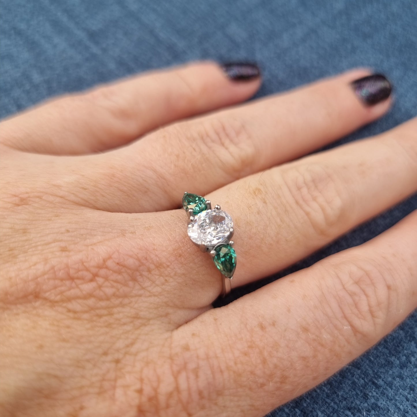 Green and White Genuine moissanite Oval & pear cut 3 stone Trilogy Ring in White Gold or Titanium  - engagement ring - handmade ring