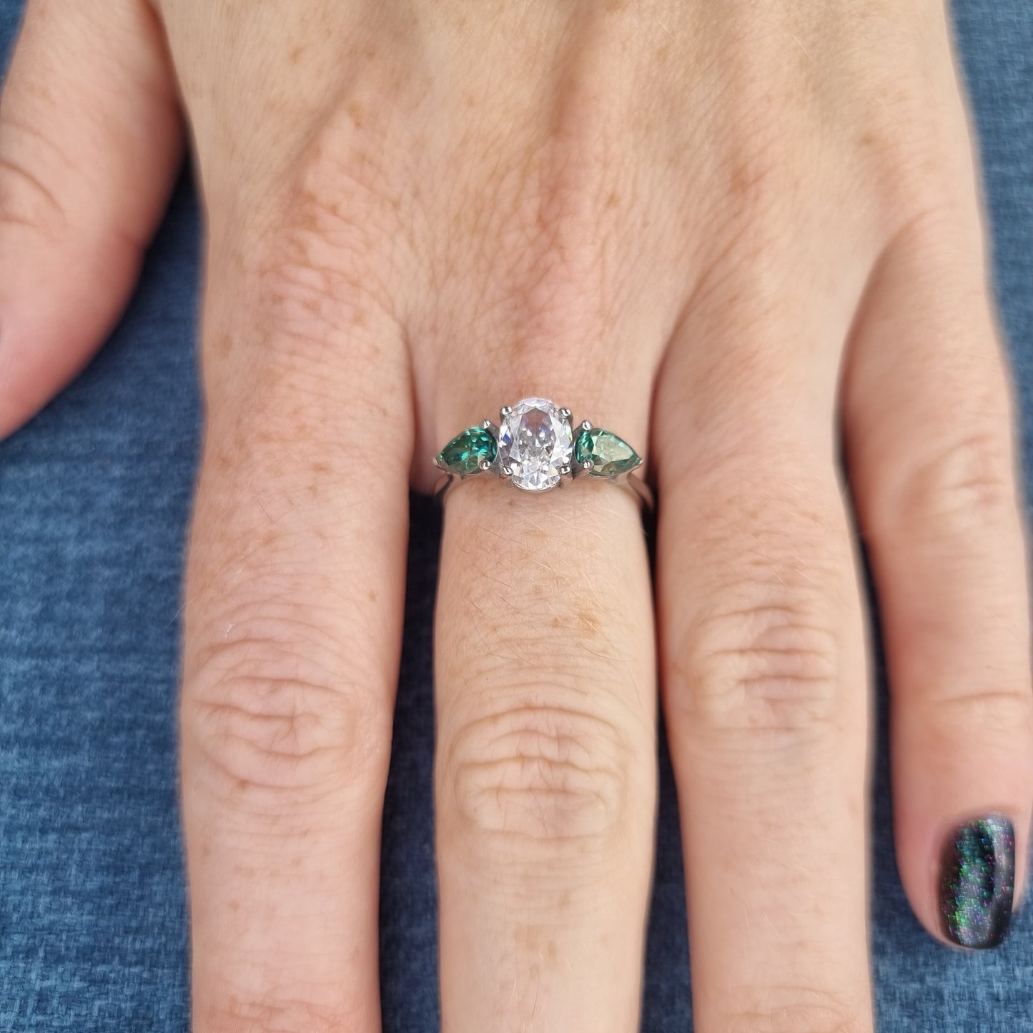 Green and White Genuine moissanite Oval & pear cut 3 stone Trilogy Ring in White Gold or Titanium  - engagement ring - handmade ring