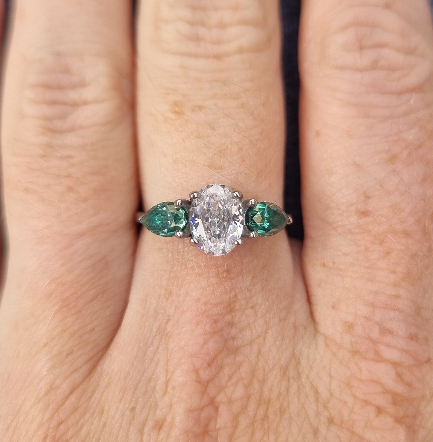 Green and White Genuine moissanite Oval & pear cut 3 stone Trilogy Ring in White Gold or Titanium  - engagement ring - handmade ring