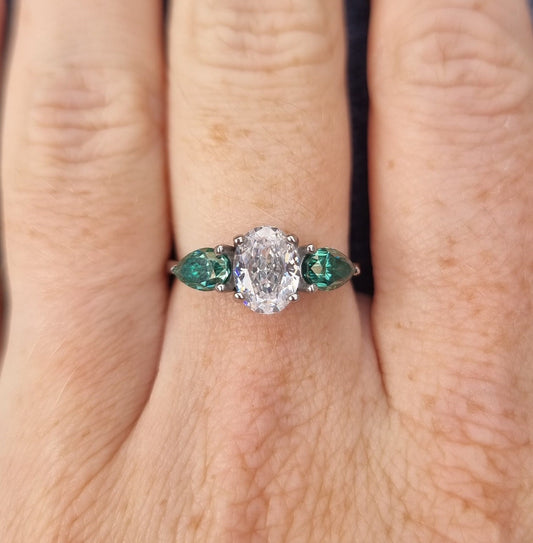 Green and White Genuine moissanite Oval & pear cut 3 stone Trilogy Ring in White Gold or Titanium  - engagement ring - handmade ring