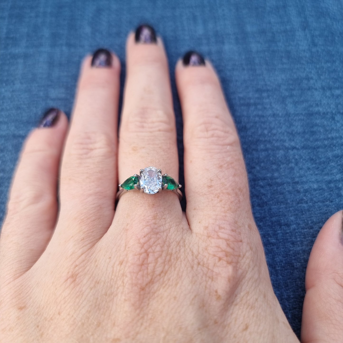 Lab Emerald and White Genuine moissanite Oval & pear cut 3 stone Trilogy Ring in White Gold or Titanium