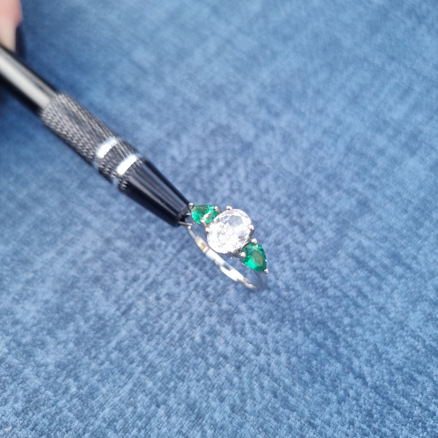 Lab Emerald and White Genuine moissanite Oval & pear cut 3 stone Trilogy Ring in White Gold or Titanium