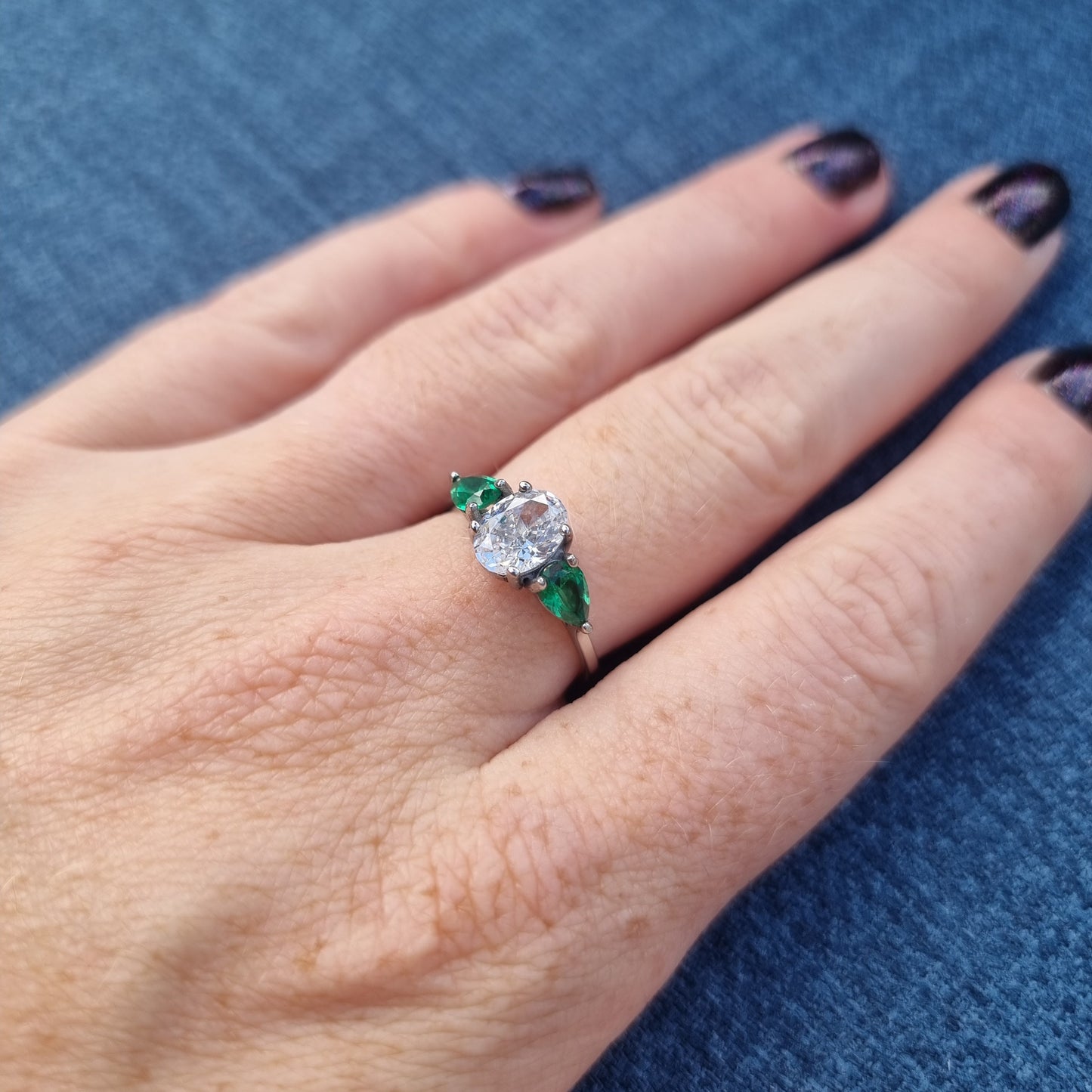 Lab Emerald and White Genuine moissanite Oval & pear cut 3 stone Trilogy Ring in White Gold or Titanium