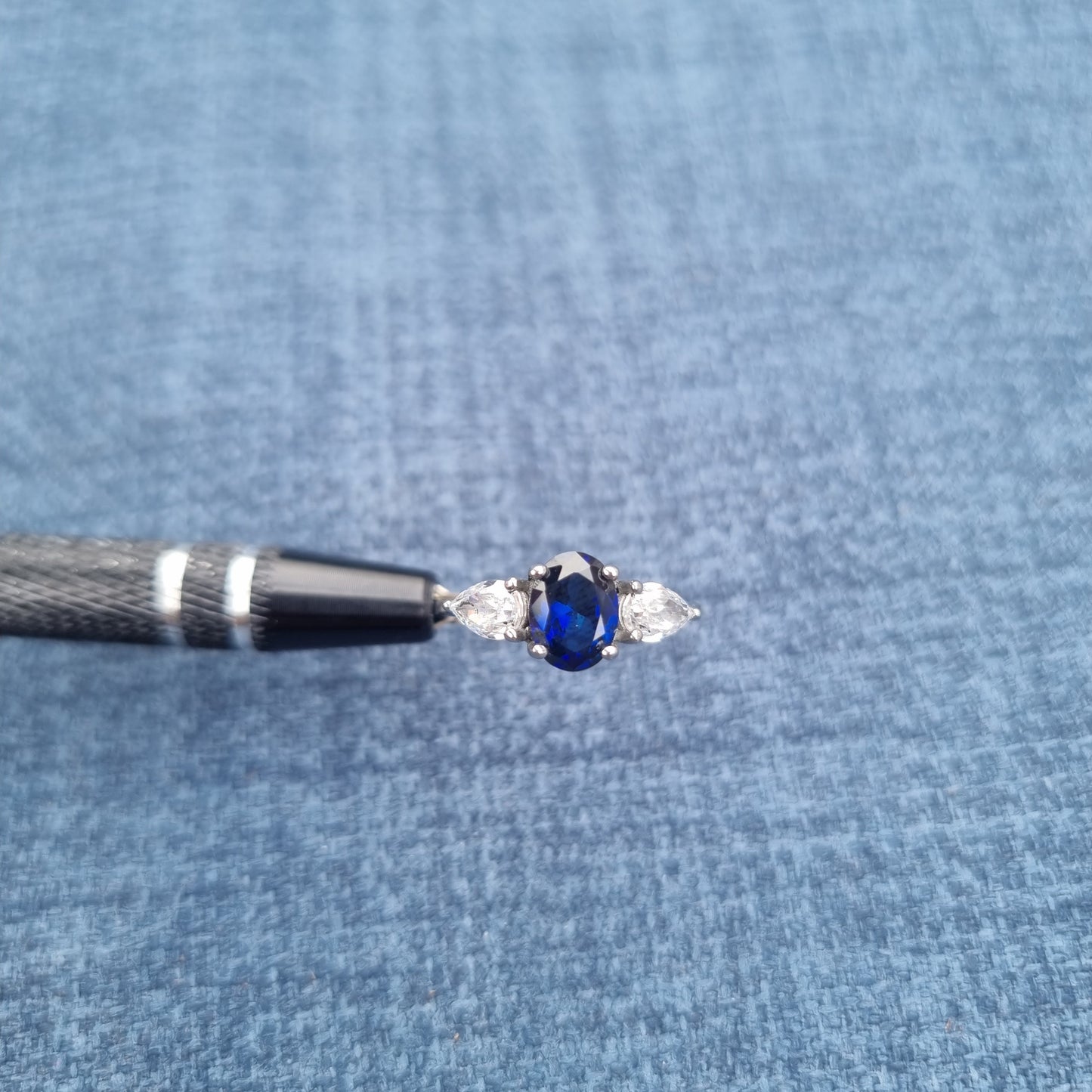 Blue Sapphire and White Genuine moissanite Oval & pear cut 3 stone Trilogy Ring in White Gold or Titanium  - engagement ring - handmade ring