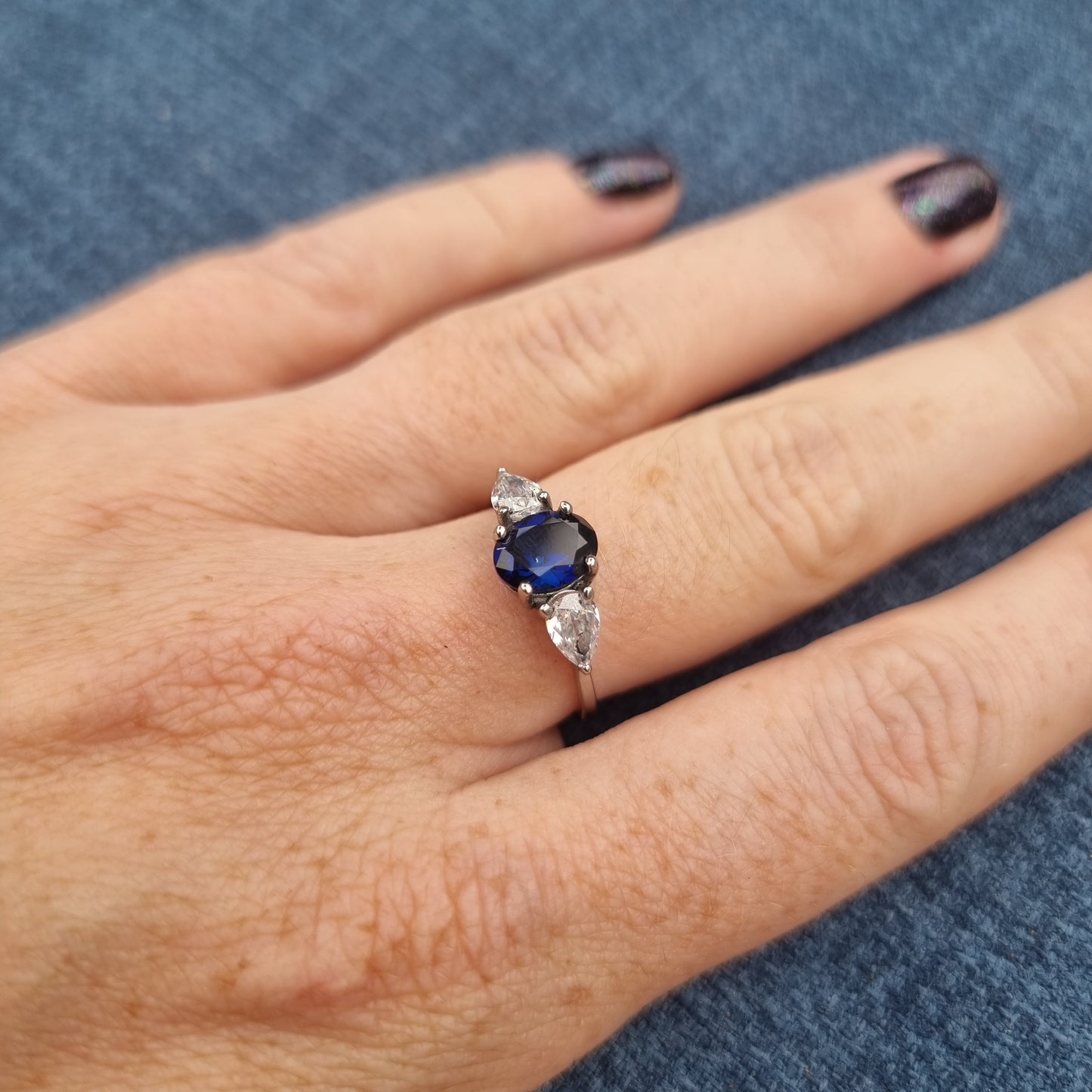 Blue Sapphire and White Genuine moissanite Oval & pear cut 3 stone Trilogy Ring in White Gold or Titanium  - engagement ring - handmade ring