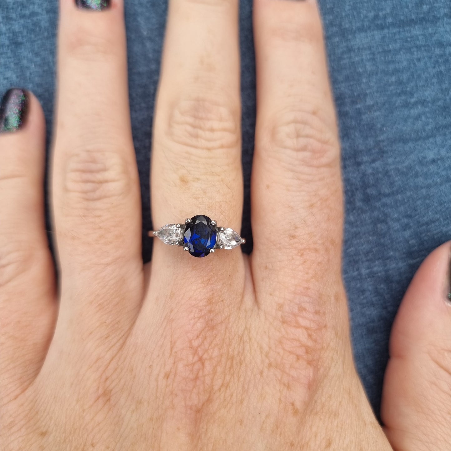 Blue Sapphire and White Genuine moissanite Oval & pear cut 3 stone Trilogy Ring in White Gold or Titanium  - engagement ring - handmade ring