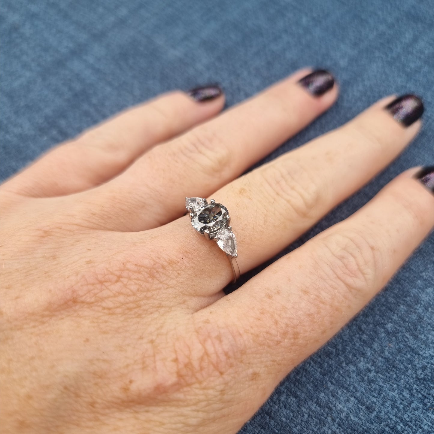 Grey and White Genuine moissanite Oval & pear cut 3 stone Trilogy Ring in White Gold or Titanium  - engagement ring - handmade ring