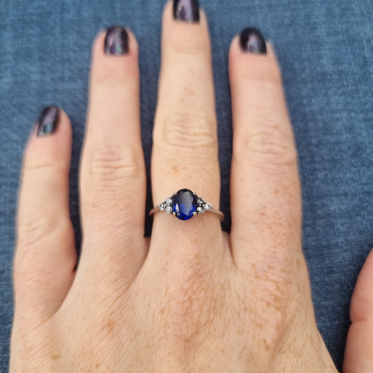 Blue lab sapphire and moissanite Oval Ice cut 3 stone engagement Ring in White Gold or Titanium  - engagement ring - handmade ring