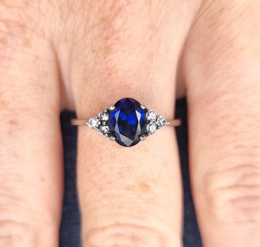 Blue lab sapphire and moissanite Oval Ice cut 3 stone engagement Ring in White Gold or Titanium  - engagement ring - handmade ring