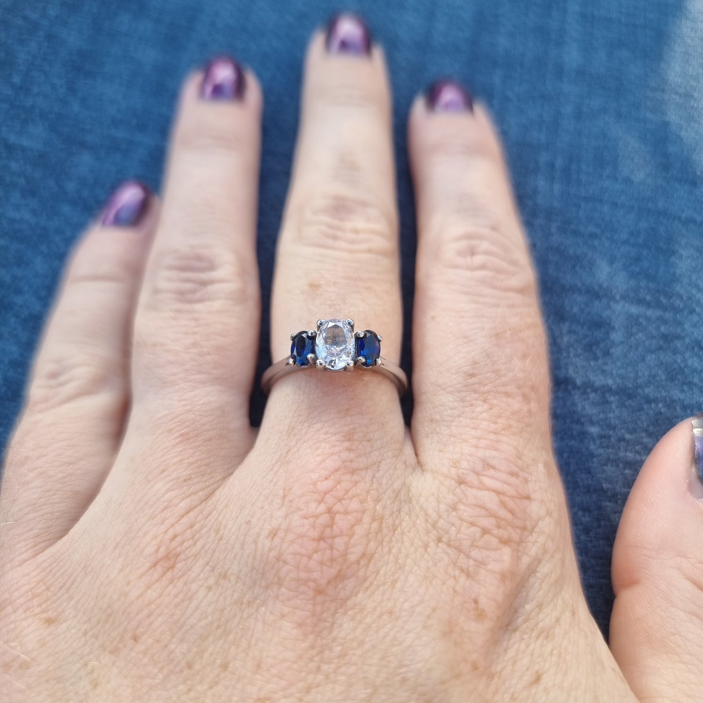 Natural Blue Sapphire & moissanite Oval Ice cut 3 stone Trilogy Ring in White Gold Filled or Titanium  - engagement ring - handmade ring