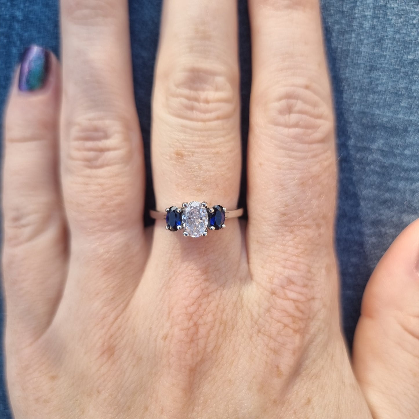 Natural Blue Sapphire & moissanite Oval Ice cut 3 stone Trilogy Ring in White Gold Filled or Titanium  - engagement ring - handmade ring