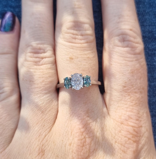 Teal & White moissanite Oval Ice cut 3 stone Trilogy Ring in White Gold Filled or Titanium  - engagement ring - handmade ring