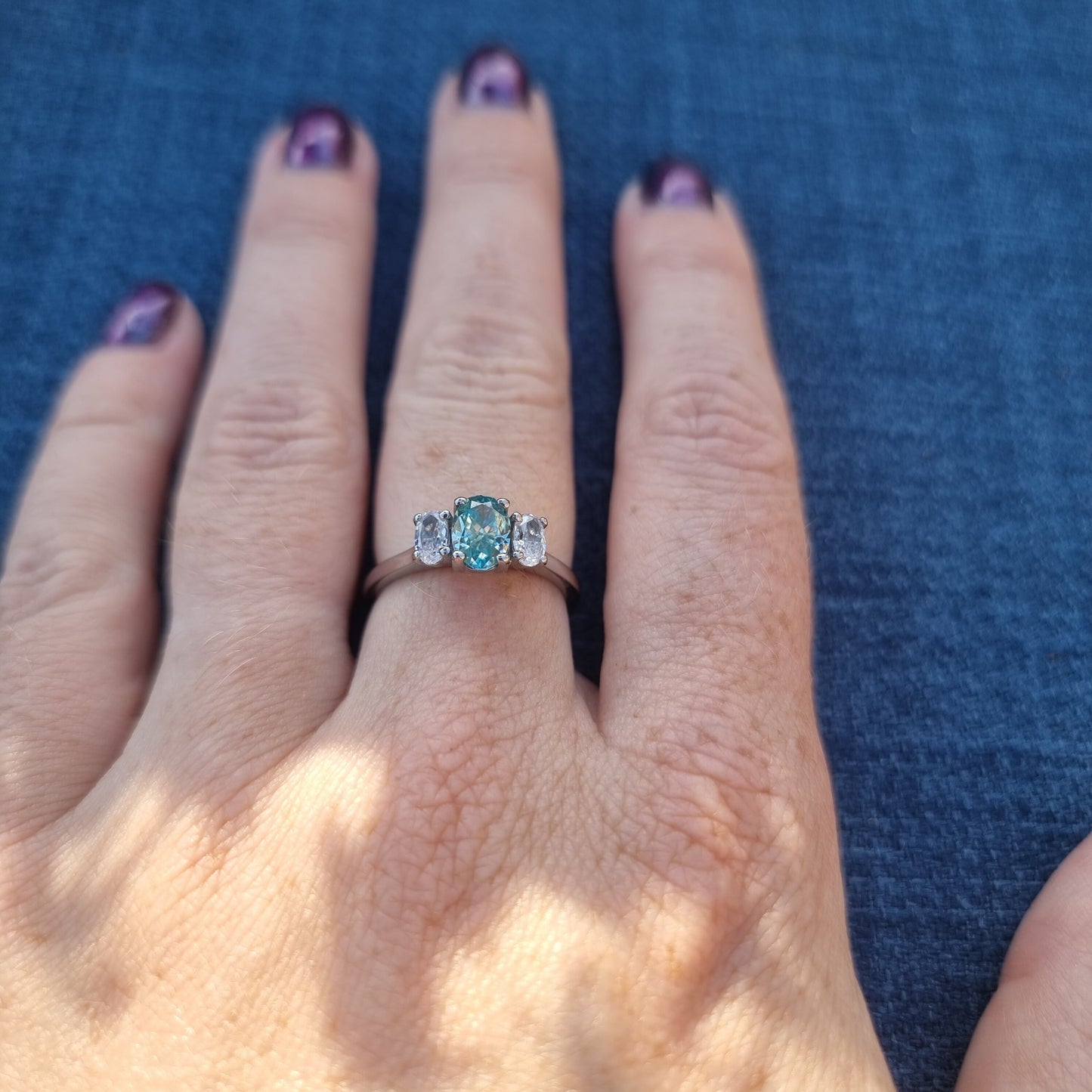 Teal & White moissanite Oval Ice cut 3 stone Trilogy Ring in White Gold Filled or Titanium  - engagement ring - handmade ring