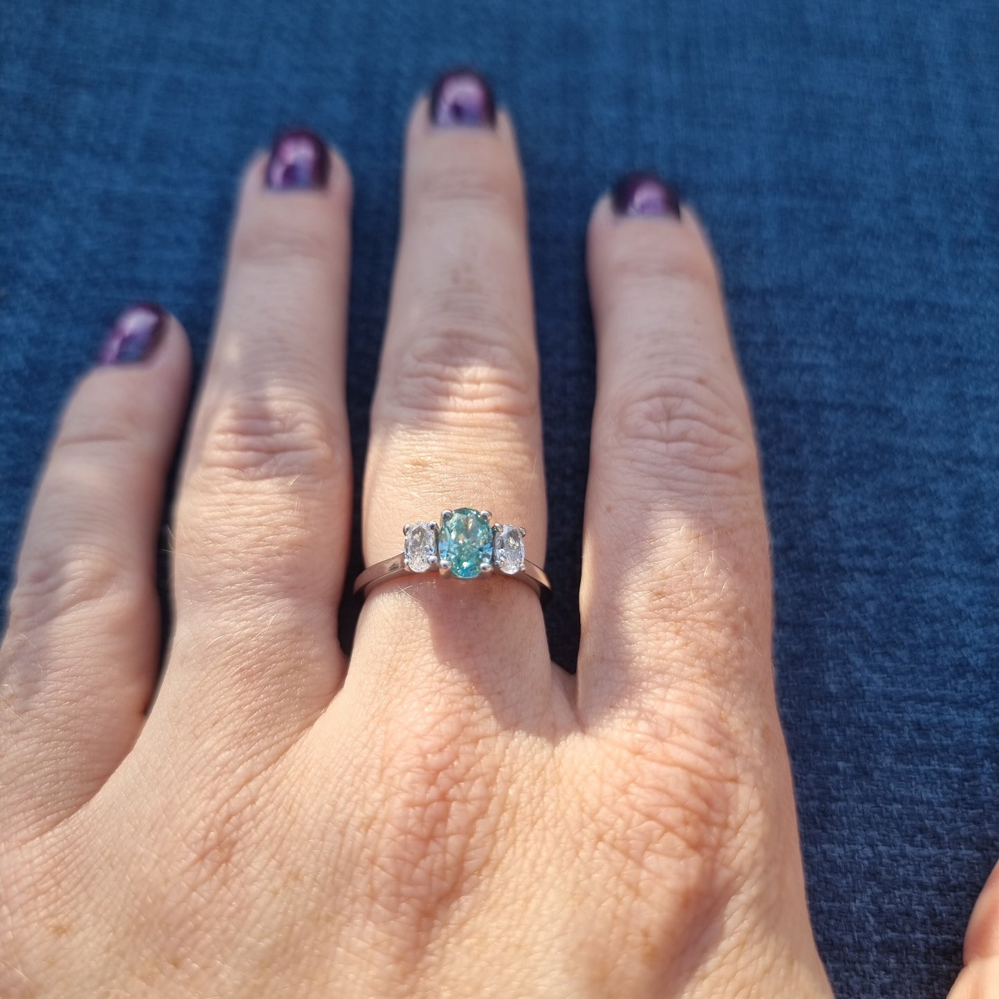 Teal & White moissanite Oval Ice cut 3 stone Trilogy Ring in White Gold Filled or Titanium  - engagement ring - handmade ring