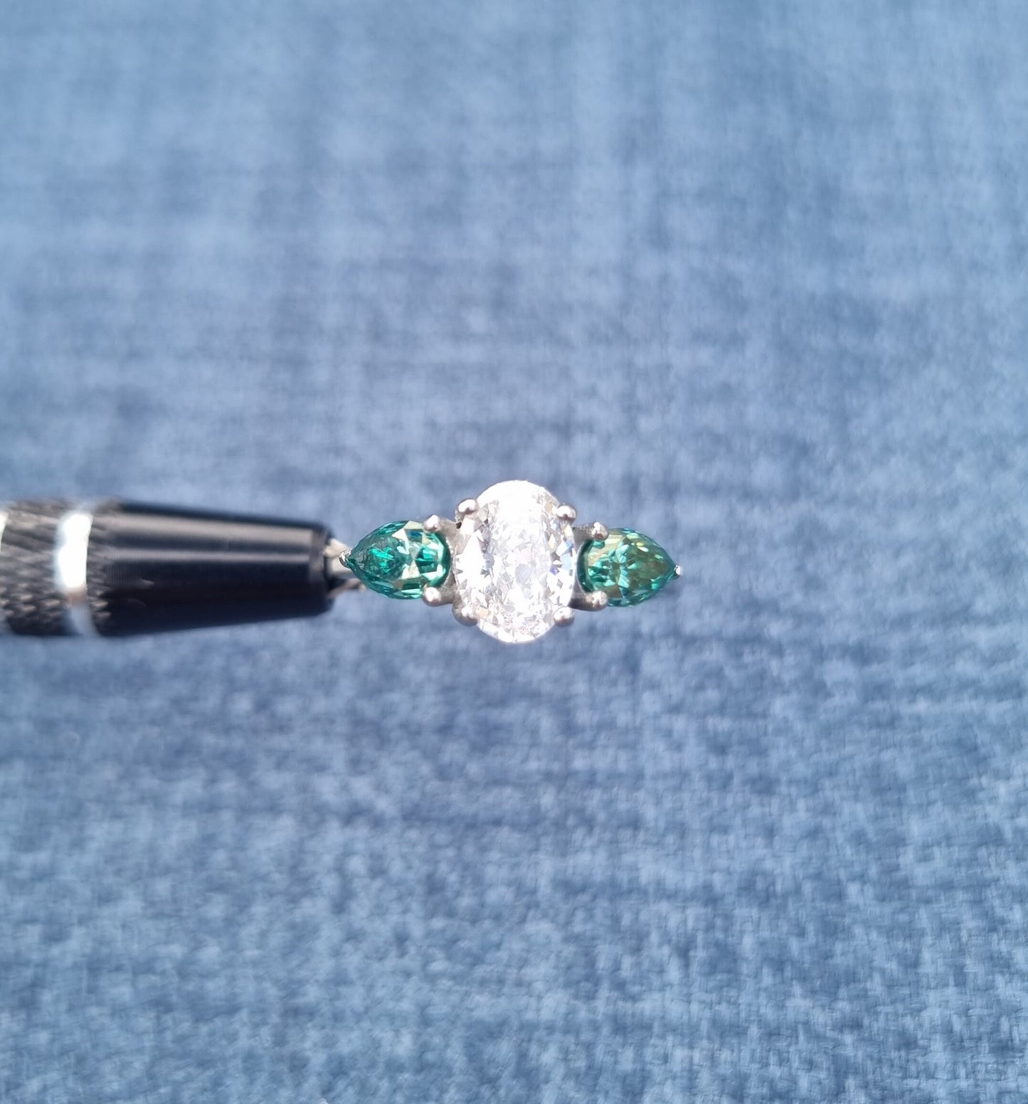 Green and White Genuine moissanite Oval & pear cut 3 stone Trilogy Ring in White Gold or Titanium  - engagement ring - handmade ring