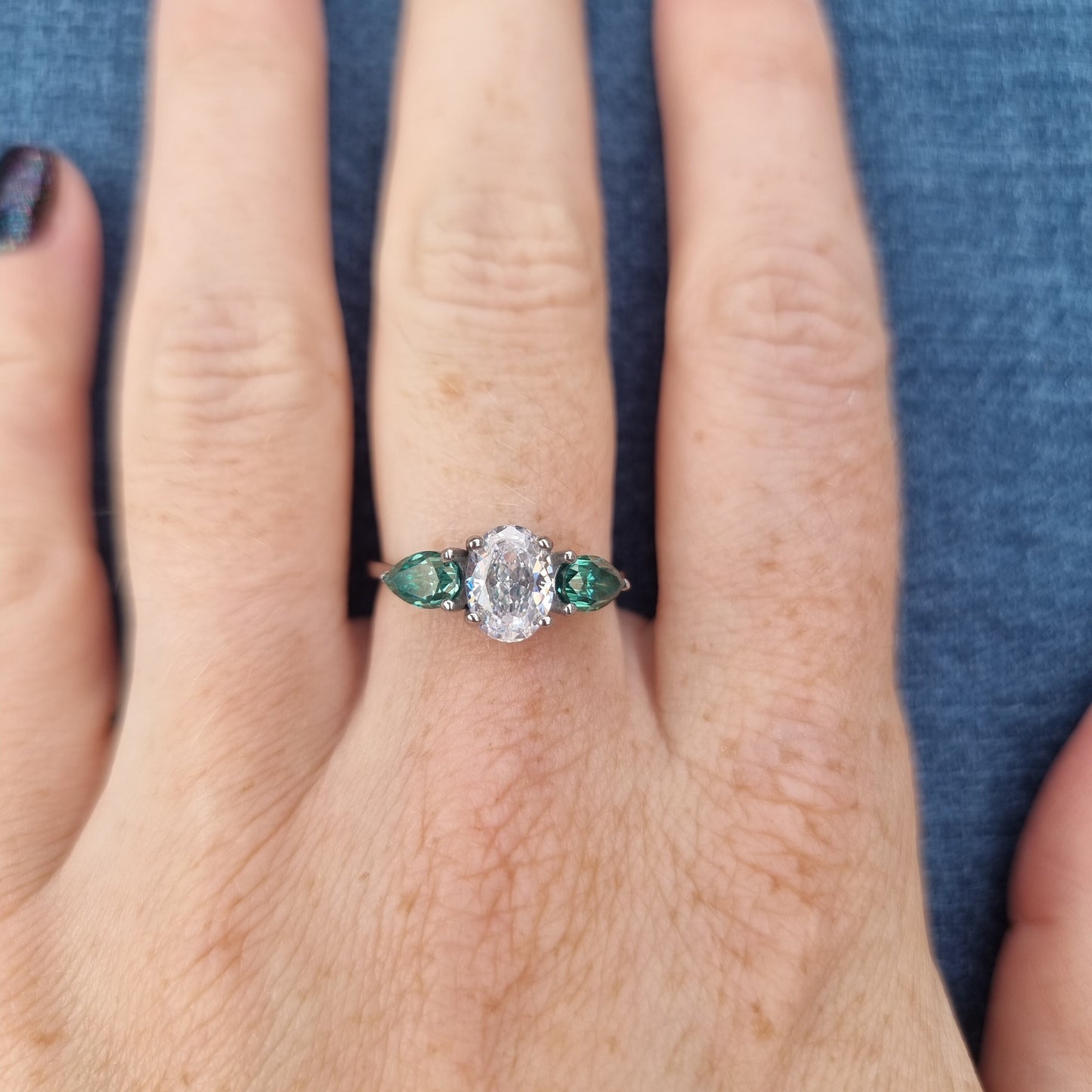 Green and White Genuine moissanite Oval & pear cut 3 stone Trilogy Ring in White Gold or Titanium  - engagement ring - handmade ring