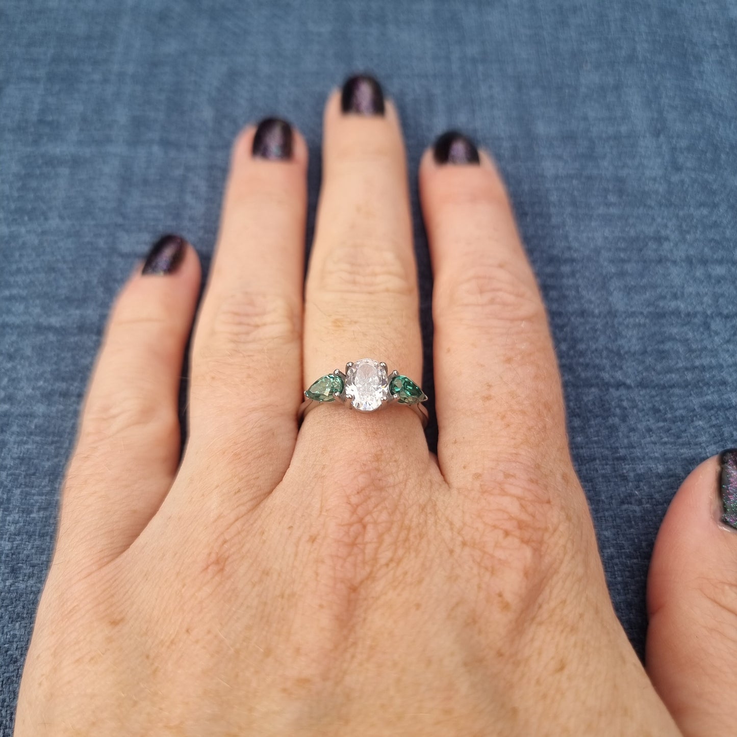 Green and White Genuine moissanite Oval & pear cut 3 stone Trilogy Ring in White Gold or Titanium  - engagement ring - handmade ring