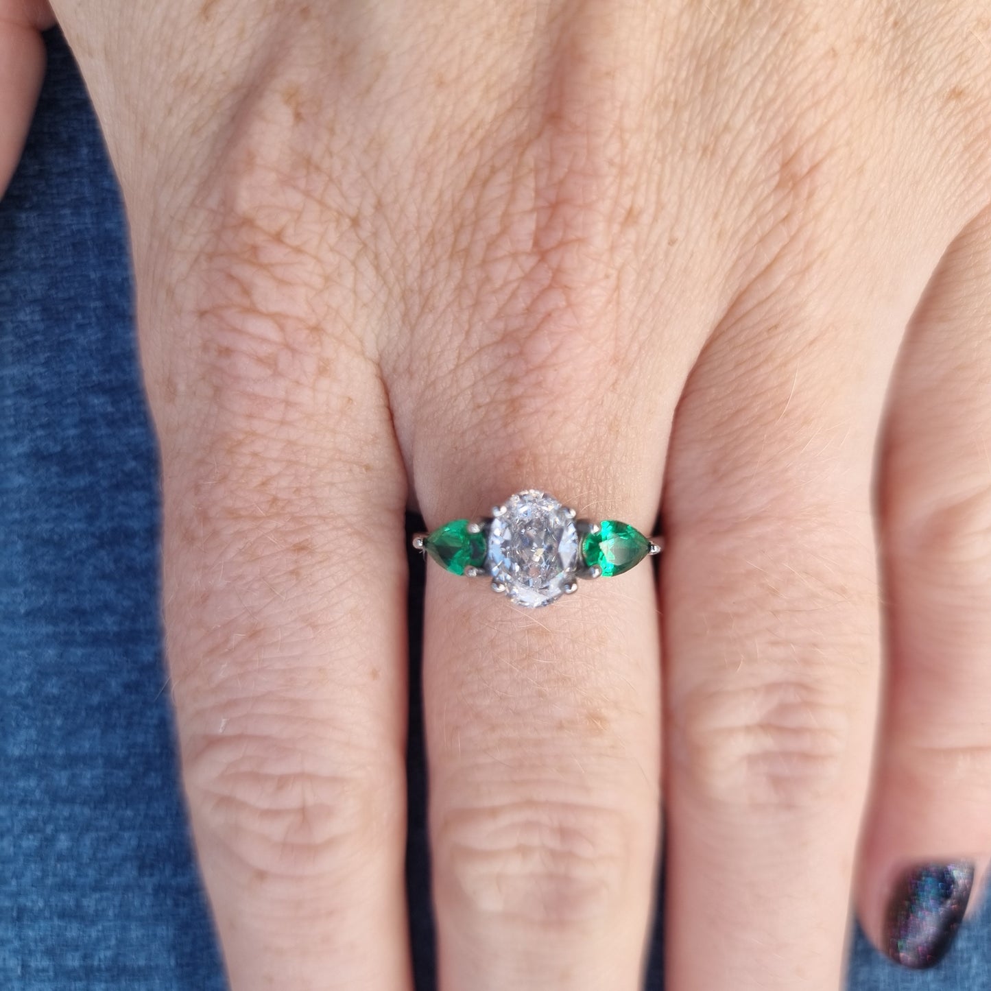 Lab Emerald and White Genuine moissanite Oval & pear cut 3 stone Trilogy Ring in White Gold or Titanium