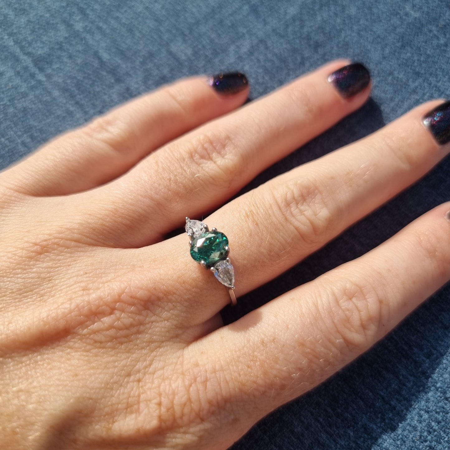 Green and White Genuine moissanite Oval & pear cut 3 stone Trilogy Ring in White Gold or Titanium  - engagement ring - handmade ring