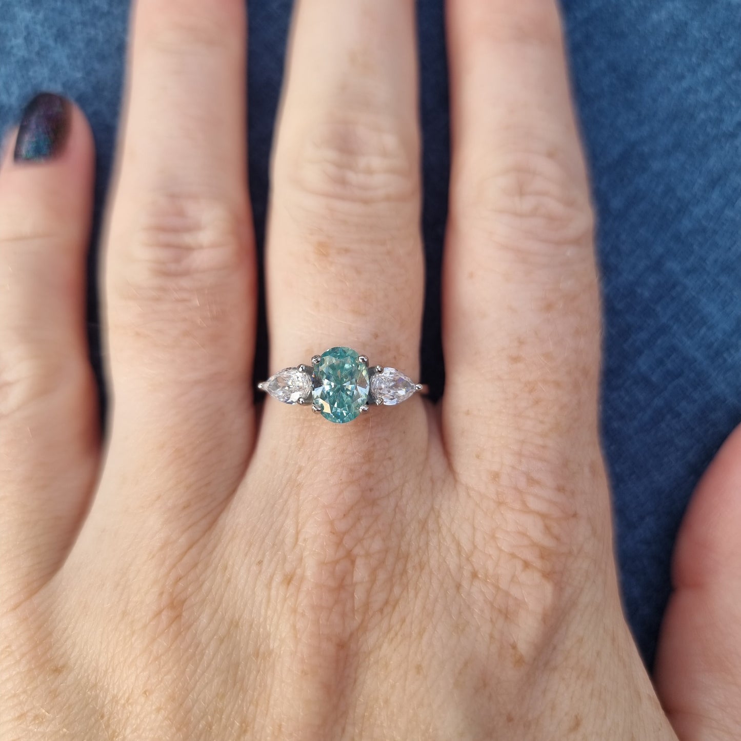 Teal and White Genuine moissanite Oval & pear cut 3 stone Trilogy Ring in White Gold or Titanium  - engagement ring - handmade ring