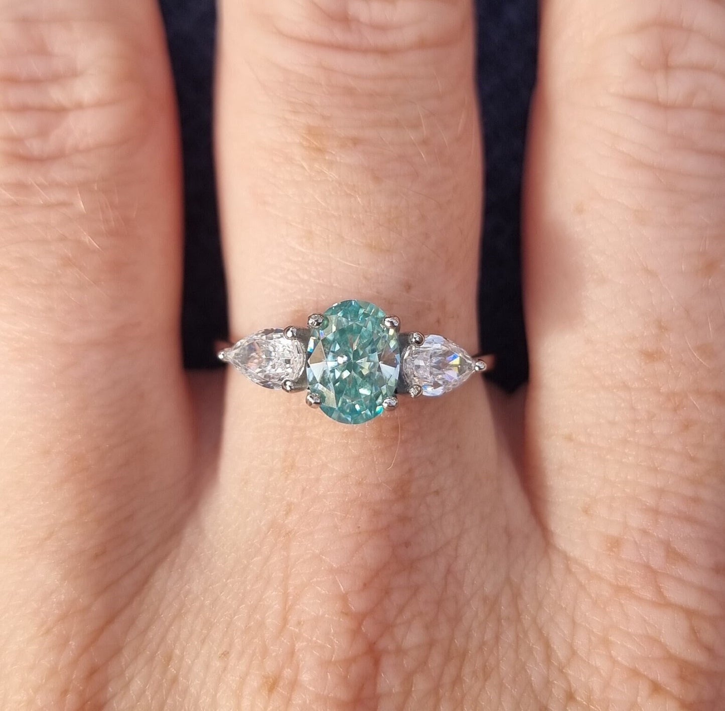 Teal and White Genuine moissanite Oval & pear cut 3 stone Trilogy Ring in White Gold or Titanium  - engagement ring - handmade ring