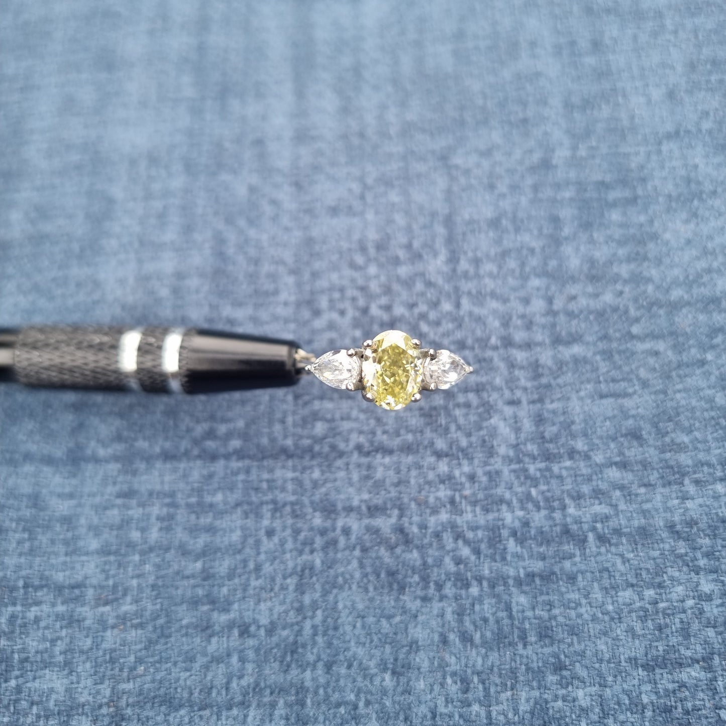 Yellow and White Genuine moissanite Oval & pear cut 3 stone Trilogy Ring in White Gold or Titanium  - engagement ring - handmade ring